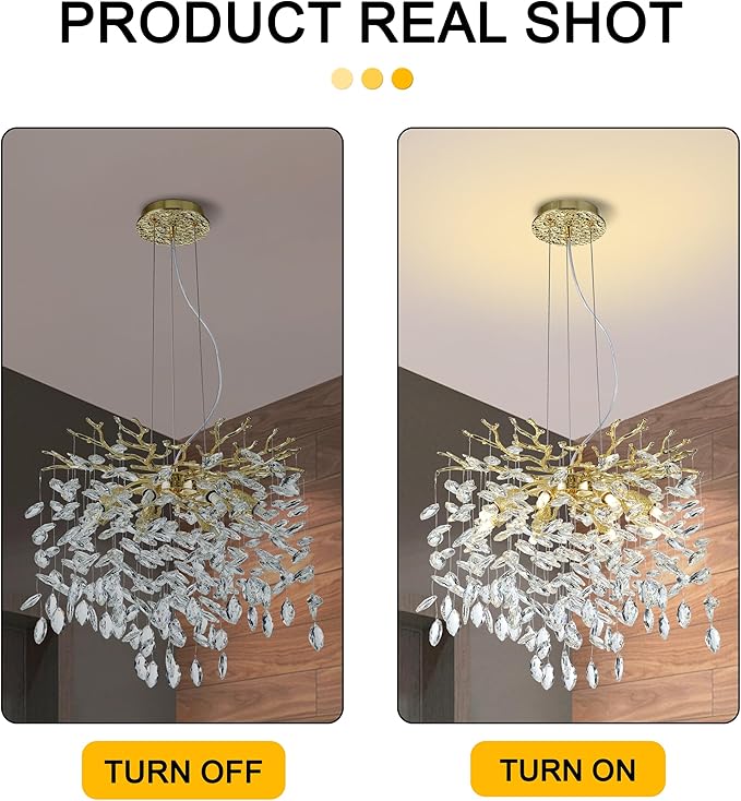 Modern Crystal Tree Branches Chandelier, 18in Gold 6 Lights Large Ceiling Hanging Light for Dining Room, Round Raindrop Pendant Light Fixture
