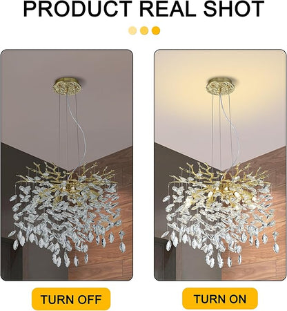 Modern Crystal Tree Branches Chandelier, 18in Gold 6 Lights Large Ceiling Hanging Light for Dining Room, Round Raindrop Pendant Light Fixture