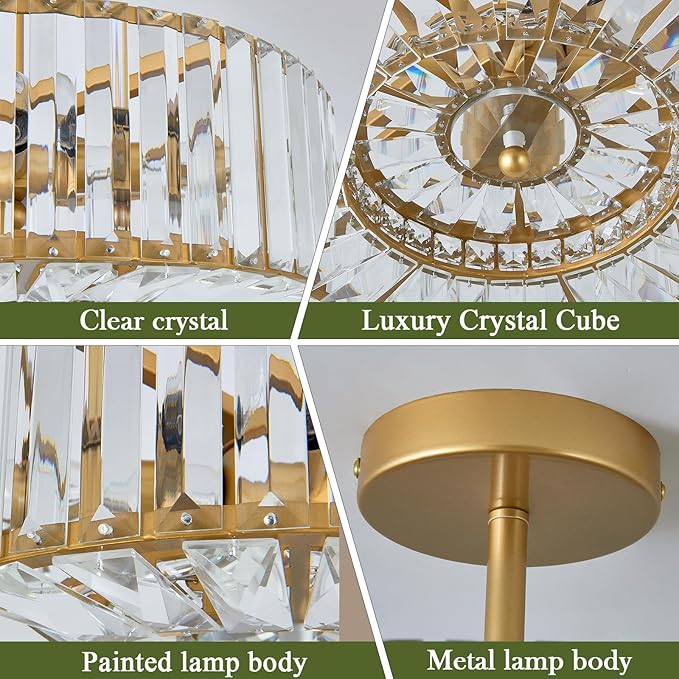Piepooye 4 Lights Modern Crystal Chandelier Gold Round Semi Flush Mount Ceiling Light Fixture Farmhouse Chandelier for Dining Room Living Room Bedroom Hallway Entryway Kitchen