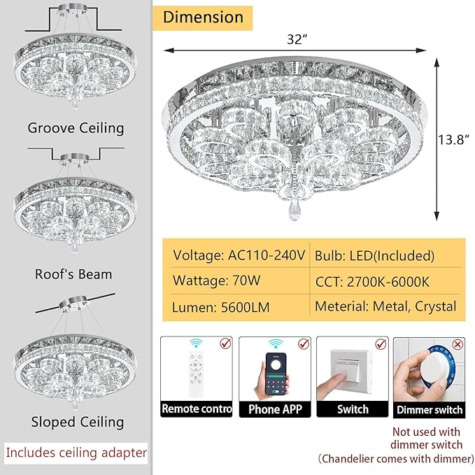 Modern Chandeliers for Living Room Crystal Chandelier Ceiling Light Fixture LED Dimmable with Remote Pendant Lighting Flush Mount Lighting for Dining Room Bedroom Silver