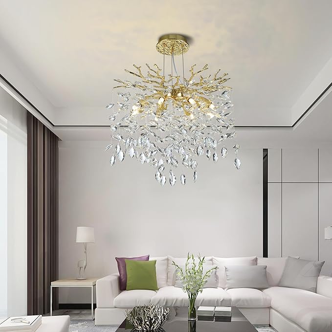 Modern Crystal Tree Branches Chandelier, 18in Gold 6 Lights Large Ceiling Hanging Light for Dining Room, Round Raindrop Pendant Light Fixture