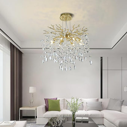 Modern Crystal Tree Branches Chandelier, 18in Gold 6 Lights Large Ceiling Hanging Light for Dining Room, Round Raindrop Pendant Light Fixture