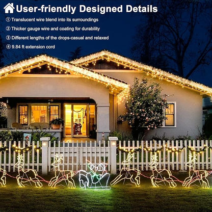 Warm White Christmas Lights Outdoor - 99ft 1216 LED 8 Modes Hanging Dripping Icicle String Lights with 228 Drops, Plug in Waterproof Timer Memory for House Home Holiday Yard Wedding Party Indoor