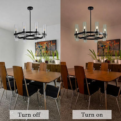 26 Inch Black Cross Wagon Wheel Chandelier with Glass Shades, 8 Lights X-Frame Farmhouse Chandelier, Modern Rustic Pendant Light for Dining Room, Kitchen Island, Entryway