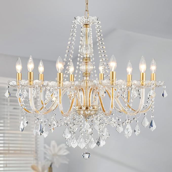 Large Crystal Chandelier, Modern Gold Crystal Chandeliers for Dining Room Light Fixture, 10-Lights Large Gold Pendant Light Fixtures Luxury Chandelier for Living Room Bedroom Foyer Entryway D26.8''