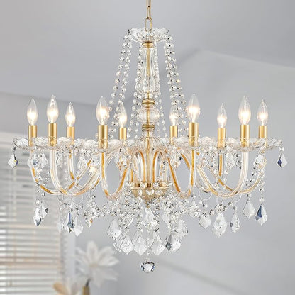 Large Crystal Chandelier, Modern Gold Crystal Chandeliers for Dining Room Light Fixture, 10-Lights Large Gold Pendant Light Fixtures Luxury Chandelier for Living Room Bedroom Foyer Entryway D26.8''