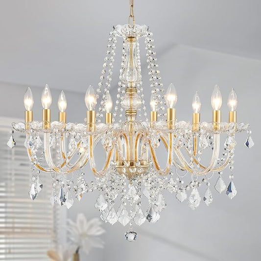 Large Crystal Chandelier, Modern Gold Crystal Chandeliers for Dining Room Light Fixture, 10-Lights Large Gold Pendant Light Fixtures Luxury Chandelier for Living Room Bedroom Foyer Entryway D26.8''