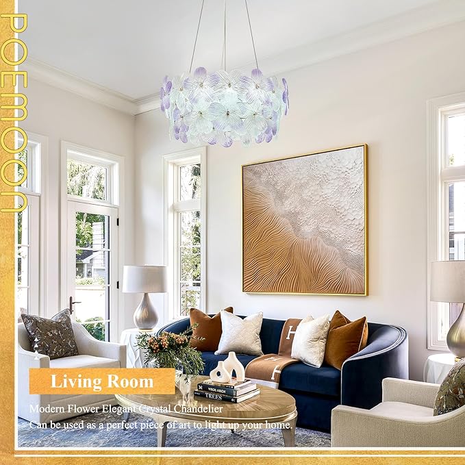 Modern Purple Flower LED Chandelier 20'' Gold Elegant Crystal Lighting for Dining Room Dimmable Ceiling Pendant Light Fixture with Remote Control for Entryway Bedroom Kitchen(3000K-6500K)