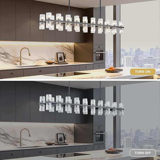 Black Rectangular Crystal Chandelier for Dining Room, 53 in Light Fixture Chandelier Over Table, Modern Crystal Chandelier Pendant Light for Kitchen Island Living Room