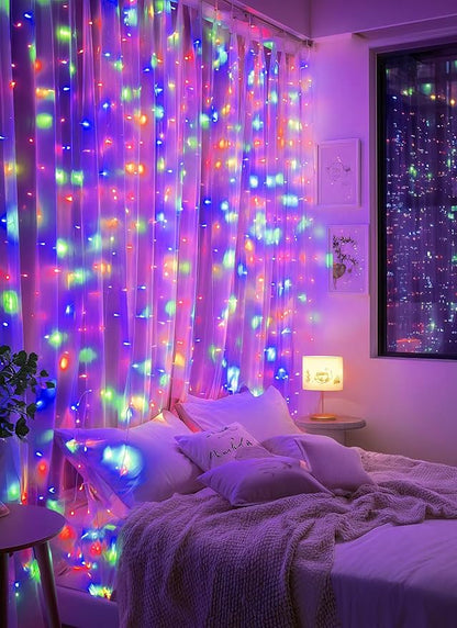 Brightown 300 LED Fairy Curtain Lights, Curtain String Lights, USB Plug in 8 Lighting Modes Christmas Decoration, Hanging Lights with Remote for Bedroom Indoor Weddings Dorm Multicolor 1 Pack