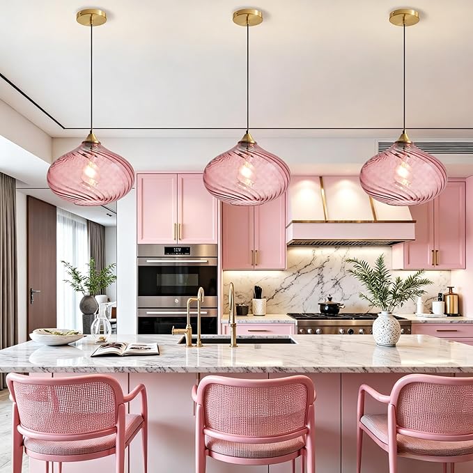 Glass Pendant Lights Kitchen Island, 11'' Brass Gold Pendant Lighting Fixtures, Modern Hanging Ceiling Light with Striped Purple Pink Glass Shade for Farmhouse Dining Room Bedroom Hallway(1 Pack)