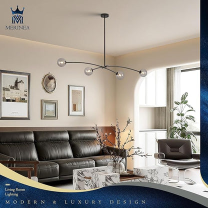 L51” Black Sputnik Chandelier Modern 4 Lights Dining Room Light Fixture Mid Century Smoke Glass Globe Ceiling Pendant Lighting Contemporary for Kitchen Island Bar Bedroom Home Office
