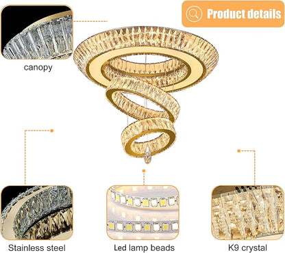 Led 32'' Gold Ring Chandelier,Modern Luxury Crystal Chandelier for Dining Living Room 3-Tier Raindrop Chandeliers Lighting LED 3000-6000K Infinity Dimmable