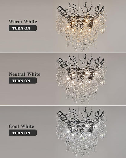 Modern Crystal Chandelier for Dining Room, 23.62" Black Tree Branch Chandeliers, 8-Light Luxury K9 Crystal Round Chandeliers for Kitchen Island Living Room