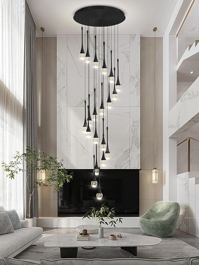 ykolupty 138'' Modern Chandelier,20-Lights Black Modern Pendant Light Fixture Staircase Large Chandelier Lobby Living Room Bedroom Foyer High Ceiling Chandelier
