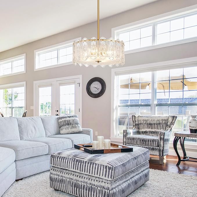 4-Lights Luxury Glass Chandelier, Mid-Century Modern Style for Dining Room, Living Room, Bedroom, D16.5'' × H10.6'', Adjustable Height (10.6"~51.4"), Gold Finish Frame & Figured Glass Shade