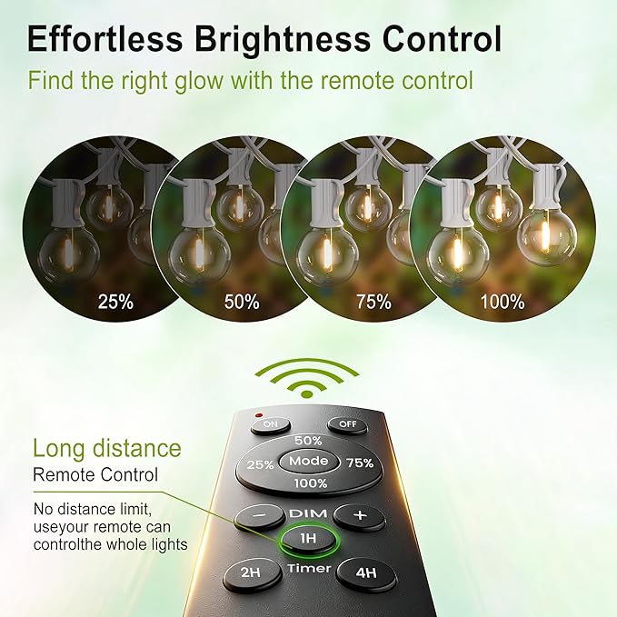 Outdoor-String-Lights-Patio-LED-Light-Outside 30FT Waterproof Dimmable Remote Outdoor Lighting G40 Globe Plastic LED Bulbs Hanging Lights Connectable for Backyard Porch Party 1FT Bulbs Spacing