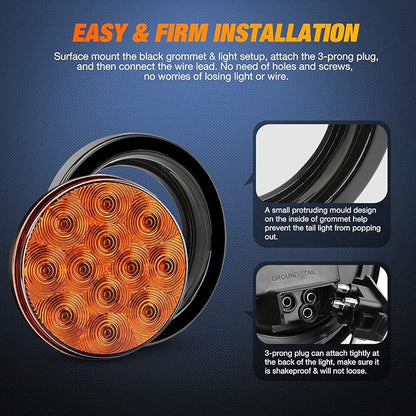 Nilight 2PCS 4 Inch 12LED Round Amber Turn Signal Tail Light w/Surface Mount Grommet Plugs IP67 Trailer Lights for RV Truck Trailers