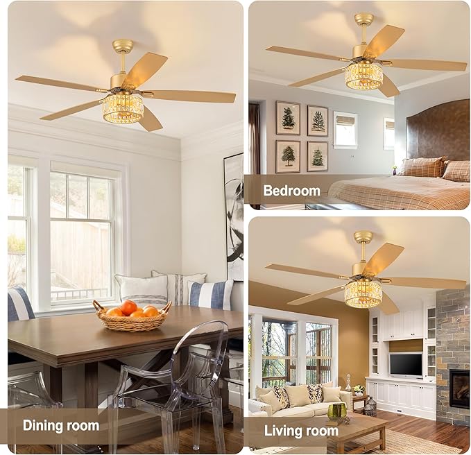 Chandelier Ceiling Fans with Lights and Remote,Caged Ceiling Fan with Light,App 5 Blades E26 Fandelier Ceiling Fans with Lights,Crystal Ceiling Fan for Bedroom,Living Room. (Gold, 60 Inch)
