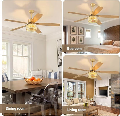 Chandelier Ceiling Fans with Lights and Remote,Caged Ceiling Fan with Light,App 5 Blades E26 Fandelier Ceiling Fans with Lights,Crystal Ceiling Fan for Bedroom,Living Room. (Gold, 60 Inch)