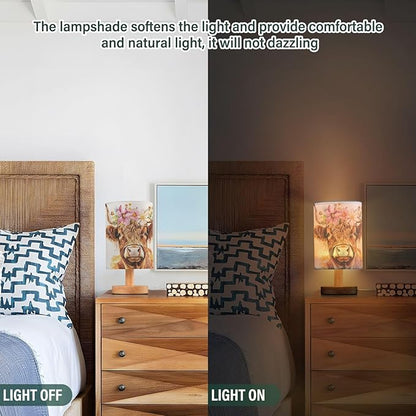 Bedside Table Lamp Cute Highland Cow Flowers Nightstand Lamp with Wood Desk Lamps for Bedroom Living Room Nursery Office Home Decor