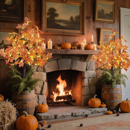 LIGHTSHARE 2PCS 4FT 144LED(72LED Each) Artificial Lighted Maple Tree Warm White Halloween Fall Decorations Indoor Outdoor, Orange