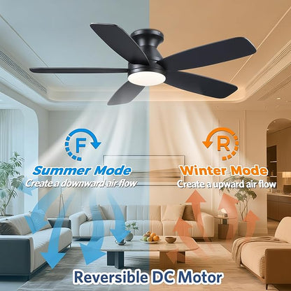 JSAITEE 48" Ceiling Fans with Lights Low Profile - Flush Mount Ceiling Fan with Light and Remote, 6 Wind Speeds Reversible, 3CCT Dimmable, Black Fan Light for Modern Indoor, Bedroom, Kitchen