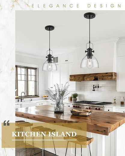2 Pack Pendant Lights Kitchen Island, 7.5" Black Pendant Lighting with Clear Seeded Glass Shade, Farmhouse Hanging Light Fixtures for Dining Room, AD-22151-1P2-BK