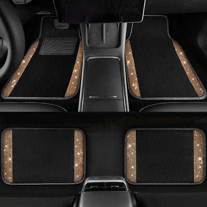 CAR PASS Bling Diamond Car Floor Mats, Shining Rhinestone Carpet Sparkly Glitter Crystal with Anti-Slip PVC Heel Pad Waterproof Universal Fit Automotive SUV,Sedan,Van,Cute Girl Women,4pcs Golden