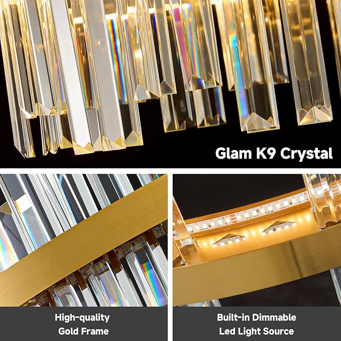 Gold Led Modern Crystal Chandelier: 31.5" Round Contemporary 3 Color Dimmable Large Dining Room Light Fixture over Table - Adjustable luxury Lighting for Bedroom Living Kitchen Island Entryway Foyer