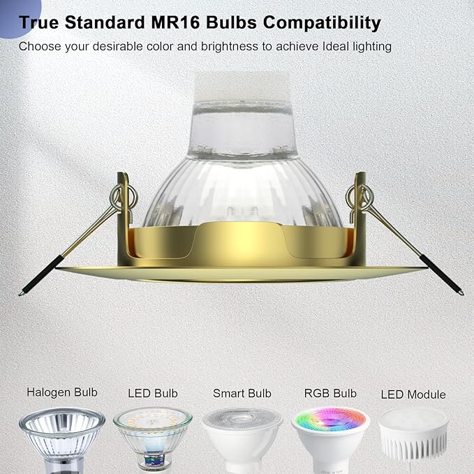 6 Pack Spotlight Fixtures Gu10 Recessed Frame Spotlight, Compatible with MR16 GU5.3 Bulbs, Adjustable Light Fitting for Cabinet Kitchen, Gold