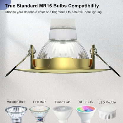6 Pack Spotlight Fixtures Gu10 Recessed Frame Spotlight, Compatible with MR16 GU5.3 Bulbs, Adjustable Light Fitting for Cabinet Kitchen, Gold