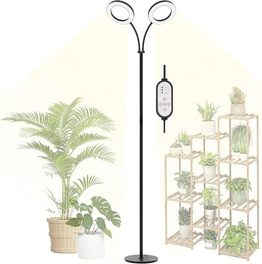 Grow Light for Indoor Plants, 2-Head Full Spectrum LED Tall Plant Lights with Timer, 3 Color Modes Standing Floor Growing Lamp, 70" Height Adjustable, 10 Dimmable Levels for Large Plants