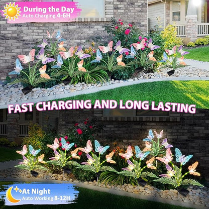 Weepong Solar Lights Outdoor Decorations Waterproof Newest Solar Garden Lights with Glowing Stems, 7-Color Changing Butterfly Flower Light for Outside Yard Pathway Garden Decor, Gift for Mother,2Pack