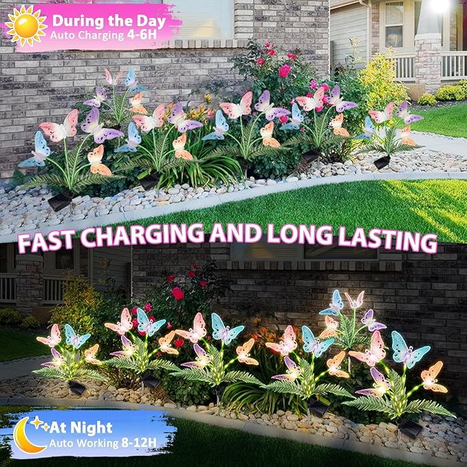 Weepong Solar Garden Lights 4 Pack Waterproof Decorative Solar Lights Outdoor with Glowing Stems,7-Color Changing ‎Fiber Optic Butterfly Light for Outside Yard Lawn Garden Decor, Gifts for Women