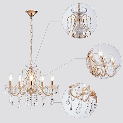 Saint Mossi 5 Light Crystal Chandelier Light Fixture, Modern Gold Crystal Pendant Light, French Gold Raindrop Chandelier for Dining Room, Bedroom,Living Room, H17 x D20
