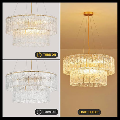 24" Modern Gold Crystal Chandelier Living Room 8-Light Crystal Elegant Lighting Large Glass Chandelier Luxury 2-Tier Round Chandeliers for Dining Room Foyer Living Room Bedroom