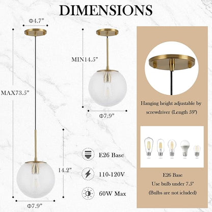 Glass Globe Pendant Light Fixtures, Mid Century Modern Ceiling Hanging Lights with Height Adjustable, Brass Gold Pendant Lighting for Kitchen Island, Hallway, Dining Room, Living Room (2 Pack)