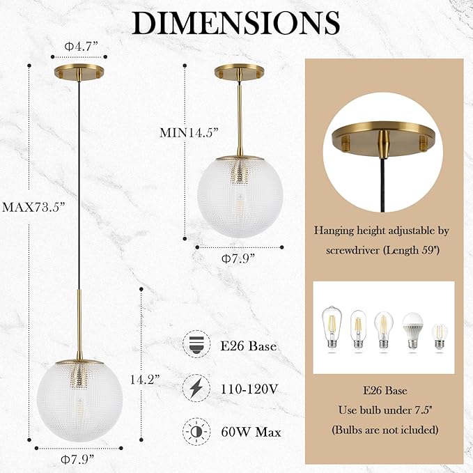 Clear Glass Pendant Light, Mid Century Modern Globe Hanging Lights with Height Adjustable, Brass Gold Single Pendant Lighting for Kitchen Island, Hallway, Dining Room, Living Room (1 Pack)
