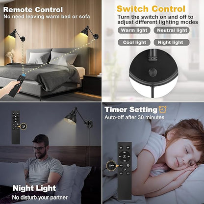 Plug in Wall Sconces Set of Two with Remote, Stepless Dimming & Stepless Colors 2700K-6500K, Swing Arm Wall Lamp, Plug in Wall Light with Night Light & Timer, Hardwired or Plug-in, LED Bulbs Included