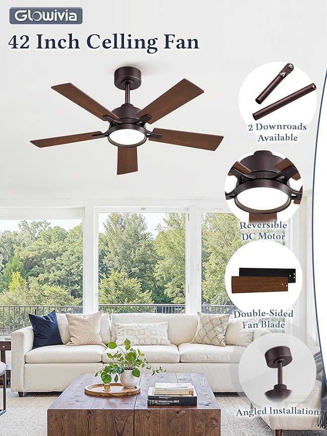 42 Inch Ceiling Fan with Lights and Remote, Smart APP Control, Dimmable with All-Setting Memory, Quiet DC Motor Reversible Blades, Damp Rated Modern Ceiling Fan for Bedroom Patio Living Room