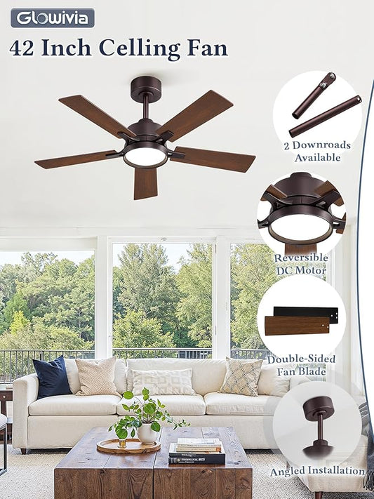 42 Inch Ceiling Fan with Lights and Remote, Smart APP Control, Dimmable with All-Setting Memory, Quiet DC Motor Reversible Blades, Damp Rated Modern Ceiling Fan for Bedroom Patio Living Room