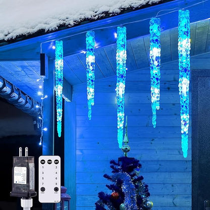 Brightown Icicle Lights for Outside with Remote, 20ft 100 LED 20 Tubes Connectable Ice Shape Hanging Christmas Lights for Tree Patio Roof Holiday Decor, Blue and White