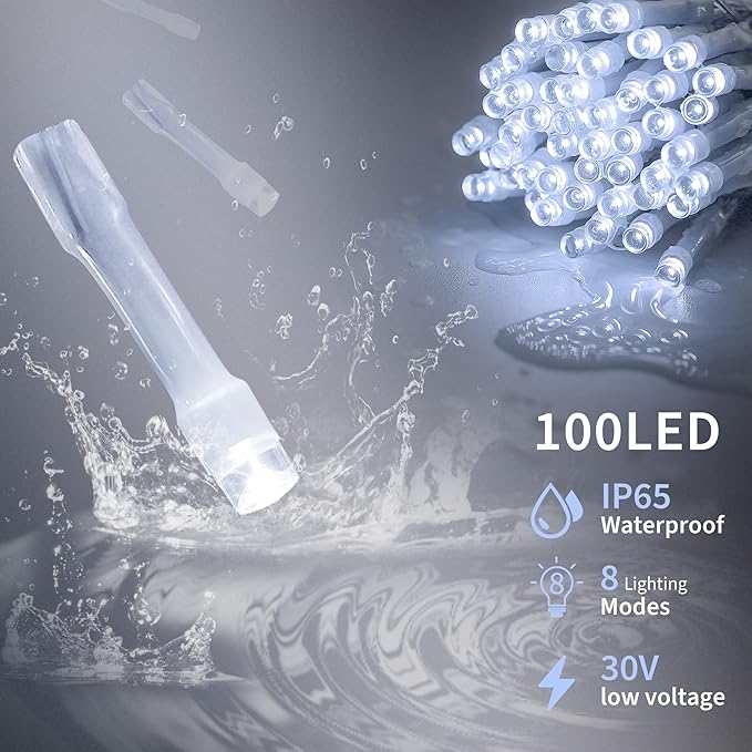 oopswow LED String Lights by White, 100LED Plug in Fairy String Lights with 8 Modes for Indoor and Outdoor Party Wedding Home Patio Lawn Garden Christmas Supplies-White