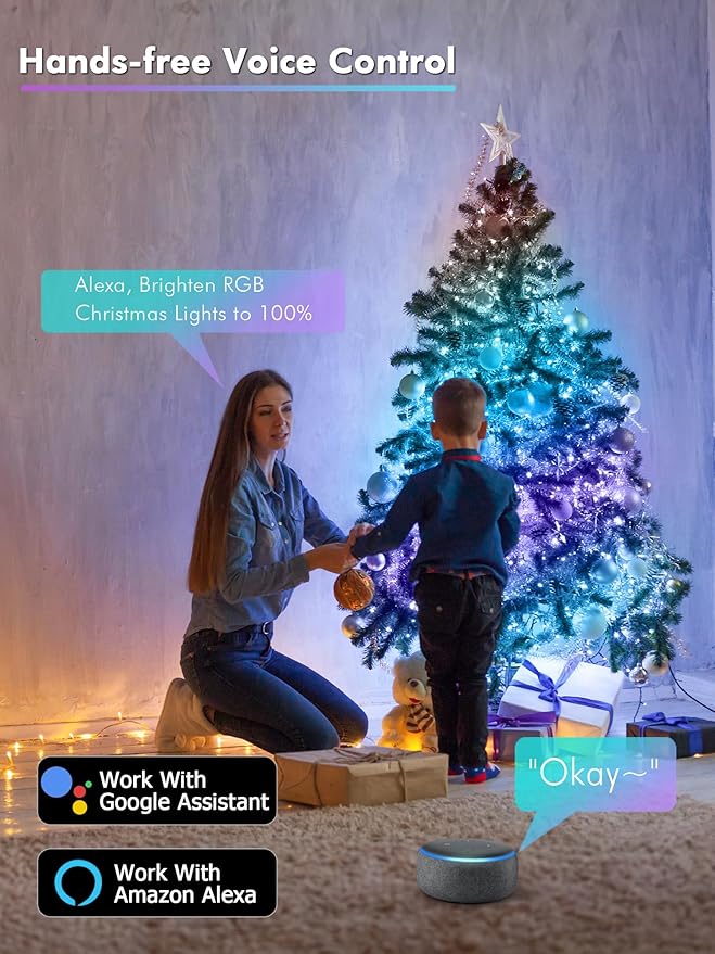 BrizLabs Smart July 4th Fairy Lights, 33ft 100 LED Red White Blue Fairy Lights Work with Alexa & Google Home, Color Changing Xmas Light Dimmable Twinkle Lighting Green Wire for Xmas Halloween Party