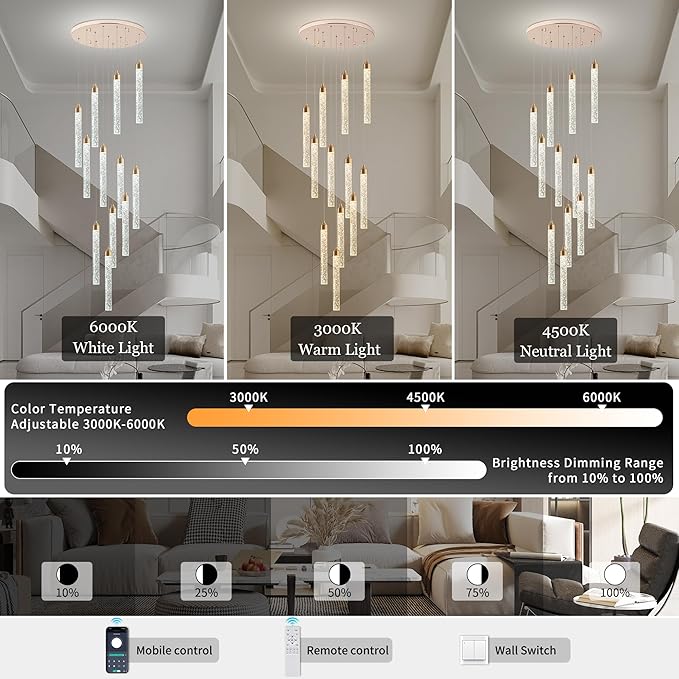 Crystal Staircase Chandelier, Modern Gold Large Spiral Dimmable LED Cluster Raindrop Foyer Chandelier Lighting, Bubble Living Room Hanging Light Fixture 12 Light Remote Control