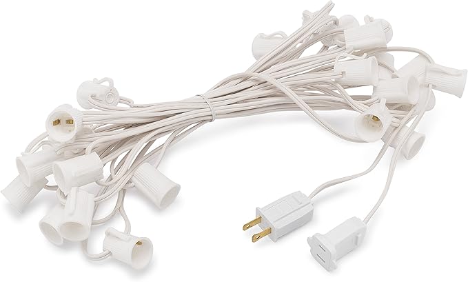 HLO Lighting C9 Light Strings | 100' White Cord with 12" Socket Spacing, E17 Light Stringer for C9 Christmas Lights