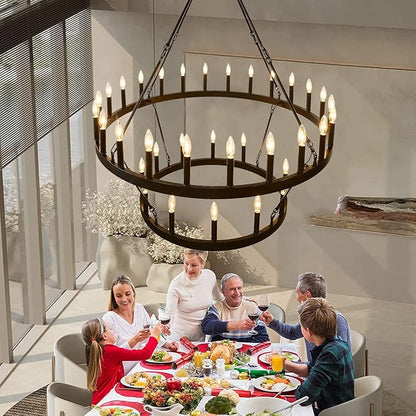 48 Inch Large Black Wagon Wheel Chandelier,2 Tier 36-Lights Farmhouse Industrial Country Style Round Pendant Light Fixture for Outdoor Porch high Ceilings Living Dining Room Foyer Entryway