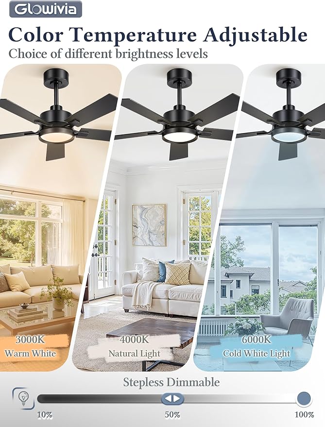 42 Inch Ceiling Fan with Lights and Remote, Smart APP Control, Dimmable with All-Setting Memory, Quiet DC Motor Reversible Blades, Damp Rated Modern Ceiling Fan for Bedroom Patio Living Room