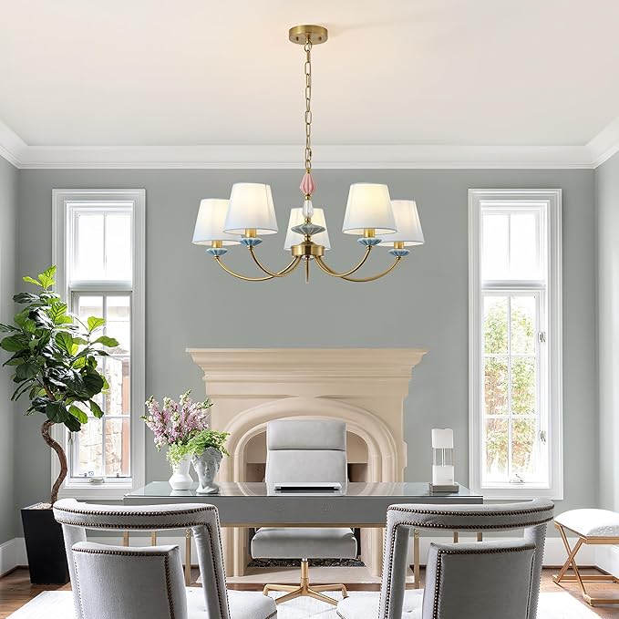 Blue Chandelier for Bedroom Light Fixture, Brushed Gold Art Deco Chandelier with Fabric Shade,Antique Modern Chandeliers paired with Ceramic for Girls Bedroom，Living Room，Dining Room